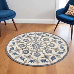 HomeRoots 6' Blue Iris Floral Area Rug - Hand-Tufted 100% Virgin Wool for Comfortable Living Spaces & Style 6' Round 393672