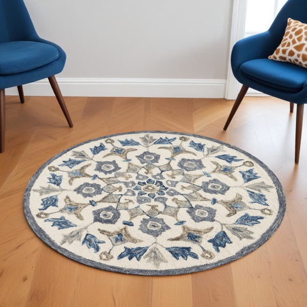 HomeRoots 6' Blue Iris Floral Area Rug - Hand-Tufted 100% Virgin Wool for Comfortable Living Spaces & Style 6' Round 393672