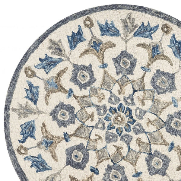 HomeRoots 6' Blue Iris Floral Area Rug - Hand-Tufted 100% Virgin Wool for Comfortable Living Spaces & Style 6' Round 393672