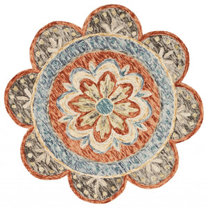 Homeroots 4' Round Orange Scalloped Edge Area Rug Rust Wool 393673