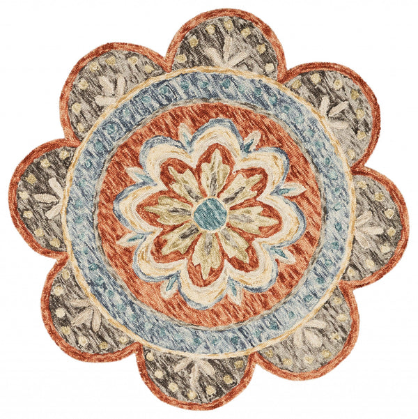 Homeroots 4' Round Orange Scalloped Edge Area Rug Rust Wool 393673