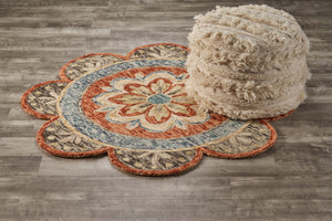 Homeroots 4' Round Orange Scalloped Edge Area Rug Rust Wool 393673