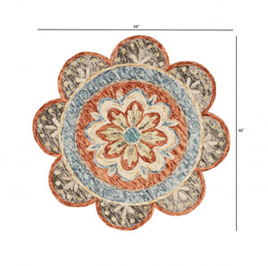 Homeroots 4' Round Orange Scalloped Edge Area Rug Rust Wool 393673