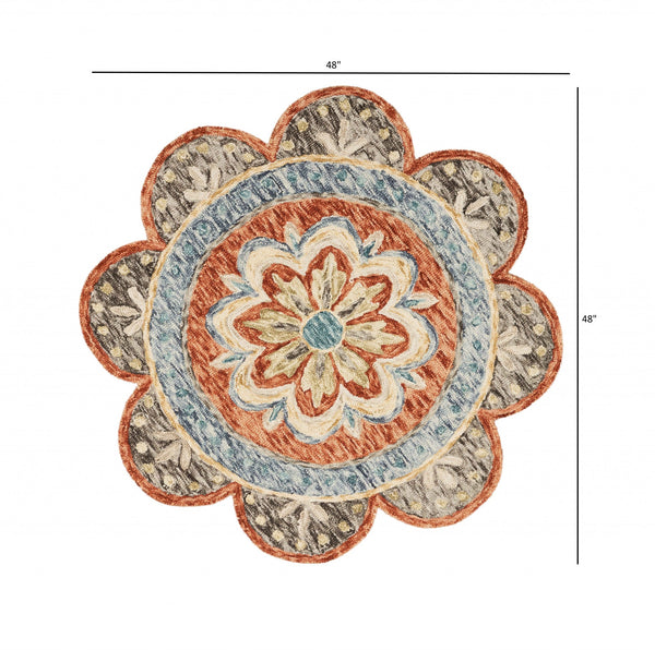 Homeroots 4' Round Orange Scalloped Edge Area Rug Rust Wool 393673