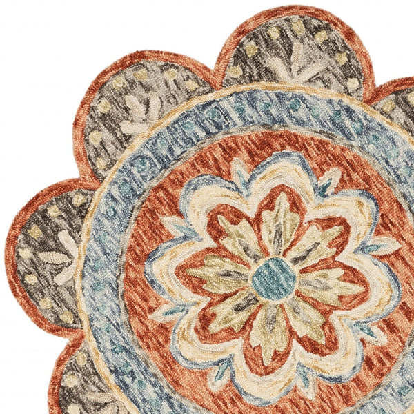Homeroots 6' Round Orange Scalloped Edge Area Rug Rust Wool 393674