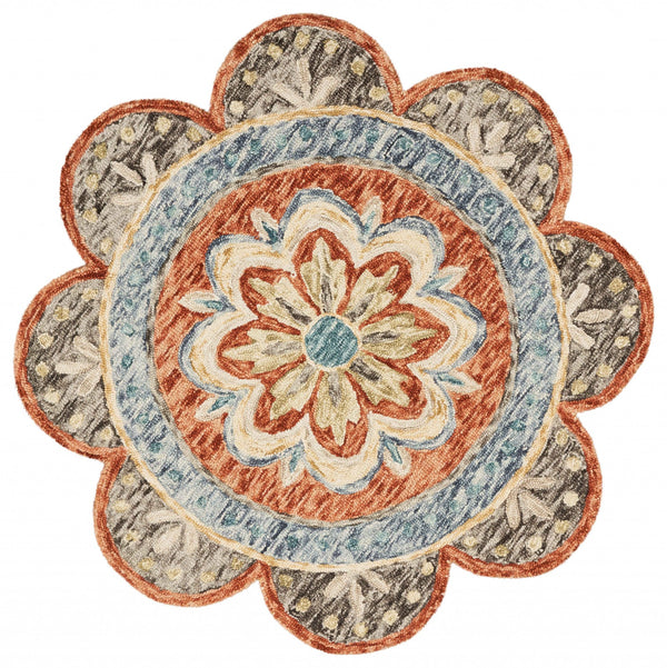 Homeroots 6' Round Orange Scalloped Edge Area Rug Rust Wool 393674