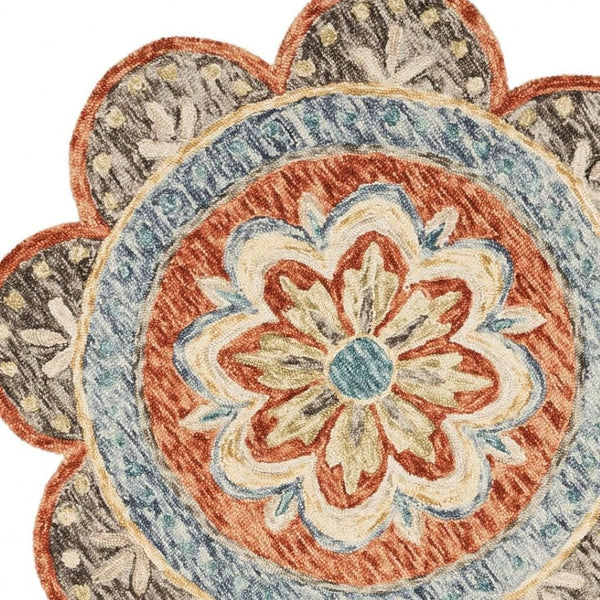 HomeRoots 6' Vibrant Orange and Red Wool Floral Hand-Tufted Rug - Artisan Crafted for Warmth and Style 6' Round 393674