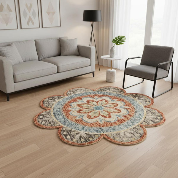 HomeRoots 6' Vibrant Orange and Red Wool Floral Hand-Tufted Rug - Artisan Crafted for Warmth and Style 6' Round 393674