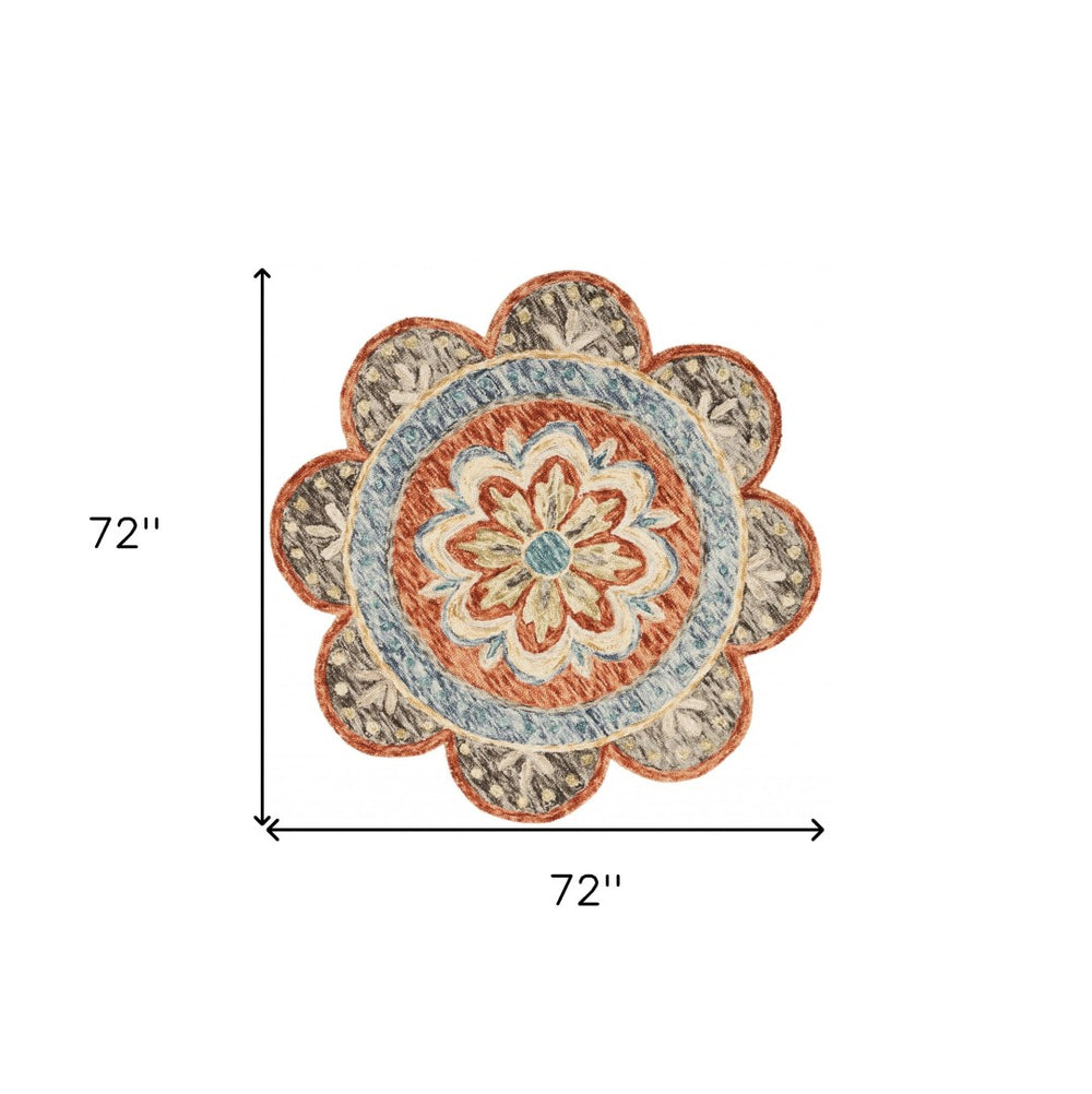 HomeRoots 6' Vibrant Orange and Red Wool Floral Hand-Tufted Rug - Artisan Crafted for Warmth and Style 6' Round 393674