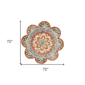 Homeroots 6' Round Orange Scalloped Edge Area Rug Rust Wool 393674