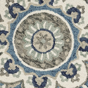 Homeroots 4' Blue And Cream Round Wool Floral Medallion Hand Tufted Area Rug Ivory Wool 393675