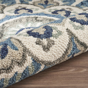 Homeroots 4' Blue And Cream Round Wool Floral Medallion Hand Tufted Area Rug Ivory Wool 393675