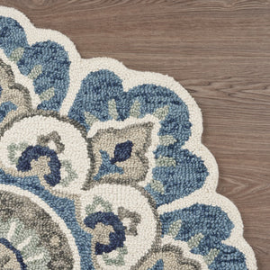 Homeroots 4' Blue And Cream Round Wool Floral Medallion Hand Tufted Area Rug Ivory Wool 393675