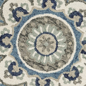 Homeroots 4' Blue And Cream Round Wool Floral Medallion Hand Tufted Area Rug Ivory Wool 393675