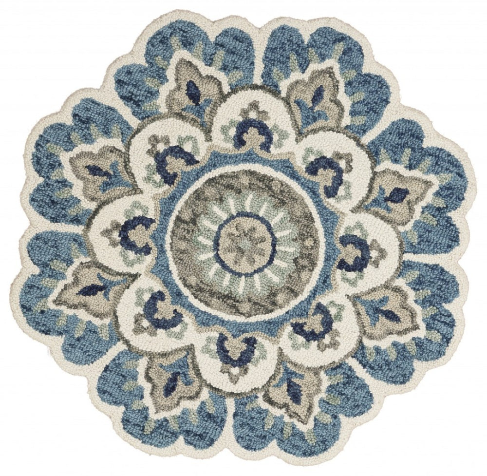 HomeRoots 6' Hand-Tufted Wool Rug with Scalloped Floral Edge in Teal Blue and Green for Cozy Living Spaces 6' Round Ivory 393676