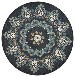 HomeRoots 6' Black Floral Paradise Area Rug - Elegant Hand-Tufted Wool Design with Timeless Medallion Charm 6' Round 393680