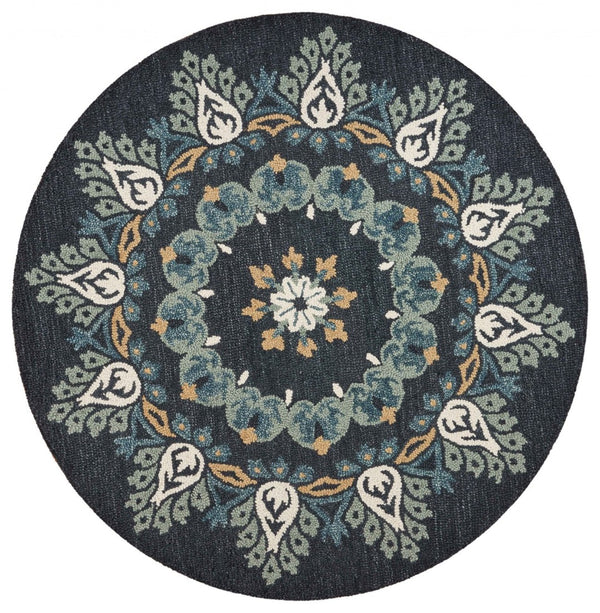 HomeRoots 6' Black Floral Paradise Area Rug - Elegant Hand-Tufted Wool Design with Timeless Medallion Charm 6' Round 393680