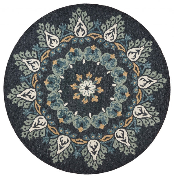 HomeRoots 6' Black Floral Paradise Area Rug - Elegant Hand-Tufted Wool Design with Timeless Medallion Charm 6' Round 393680