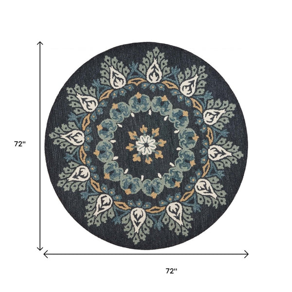 HomeRoots 6' Black Floral Paradise Area Rug - Elegant Hand-Tufted Wool Design with Timeless Medallion Charm 6' Round 393680