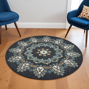 HomeRoots 6' Black Floral Paradise Area Rug - Elegant Hand-Tufted Wool Design with Timeless Medallion Charm 6' Round 393680