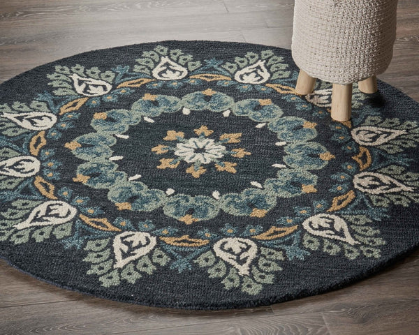 HomeRoots 6' Black Floral Paradise Area Rug - Elegant Hand-Tufted Wool Design with Timeless Medallion Charm 6' Round 393680