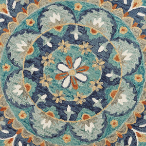 Homeroots 4' Round Blue Floral Mandala Area Rug  Wool 393683