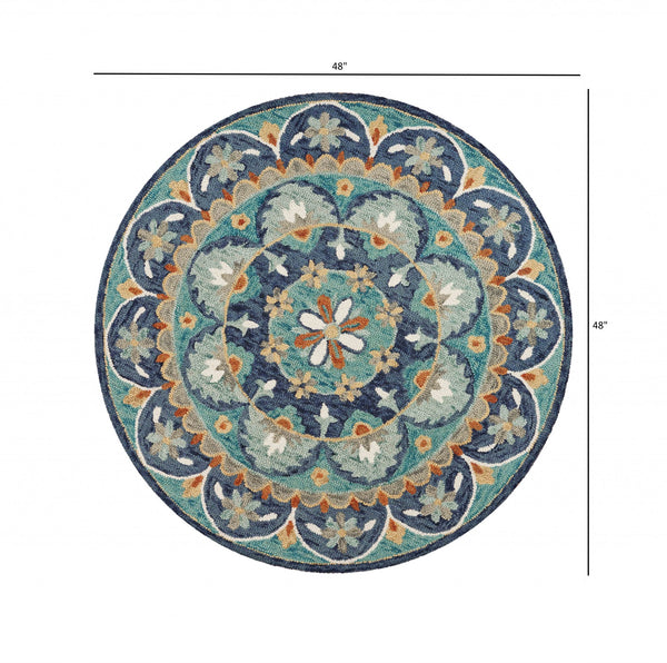 Homeroots 4' Round Blue Floral Mandala Area Rug  Wool 393683