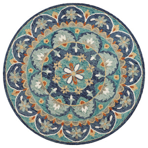 Homeroots 6' Blue And Green Round Wool Floral Hand Tufted Area Rug  Wool 393684