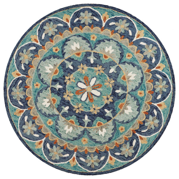 Homeroots 6' Blue And Green Round Wool Floral Hand Tufted Area Rug  Wool 393684