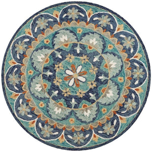 HomeRoots 6' Hand-Tufted Wool Floral Area Rug in Blue and Green – Cozy, Contemporary Design for Any Space 6' Round 393684