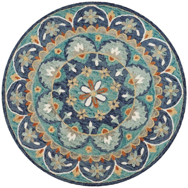 HomeRoots 6' Hand-Tufted Wool Floral Area Rug in Blue and Green – Cozy, Contemporary Design for Any Space 6' Round 393684