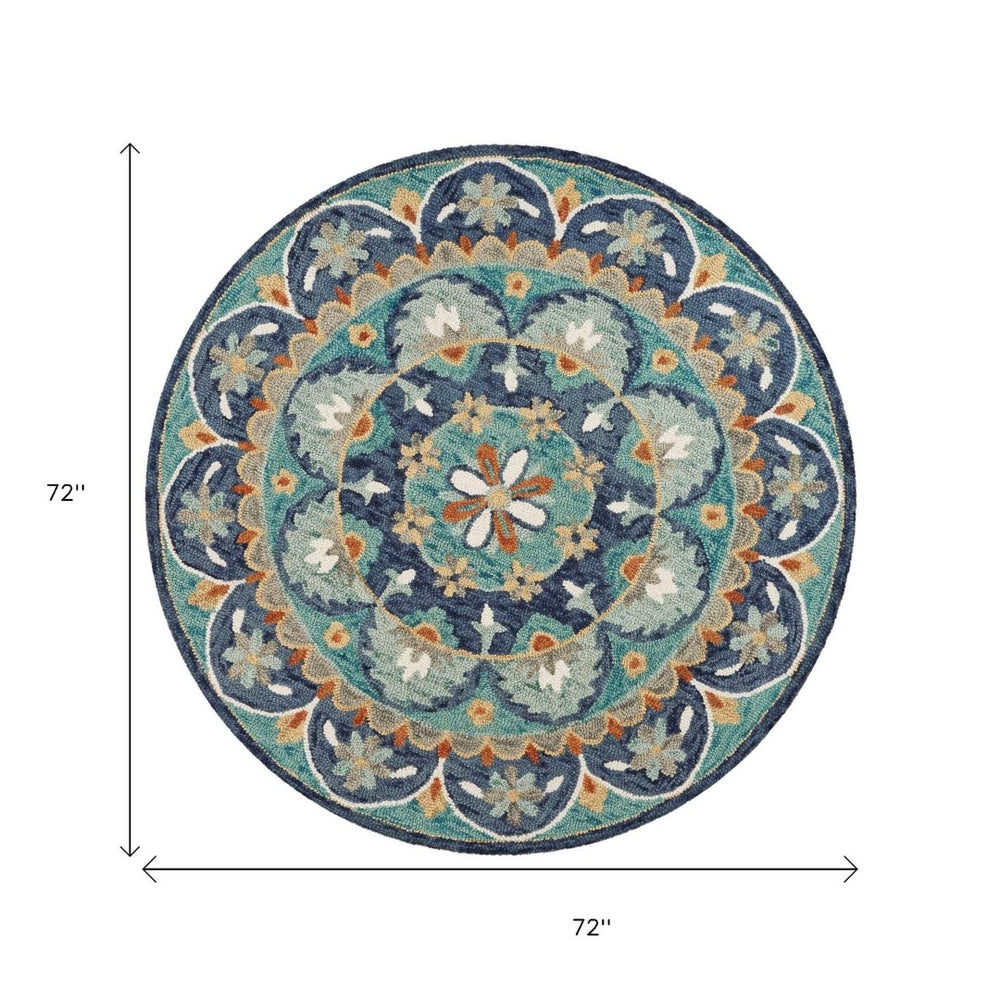 HomeRoots 6' Hand-Tufted Wool Floral Area Rug in Blue and Green – Cozy, Contemporary Design for Any Space 6' Round 393684