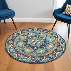 HomeRoots 6' Hand-Tufted Wool Floral Area Rug in Blue and Green – Cozy, Contemporary Design for Any Space 6' Round 393684