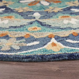 Homeroots 6' Blue And Green Round Wool Floral Hand Tufted Area Rug  Wool 393684
