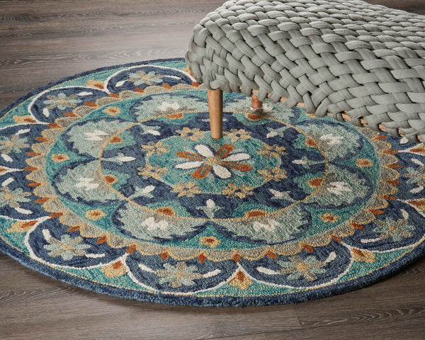 Homeroots 6' Blue And Green Round Wool Floral Hand Tufted Area Rug  Wool 393684