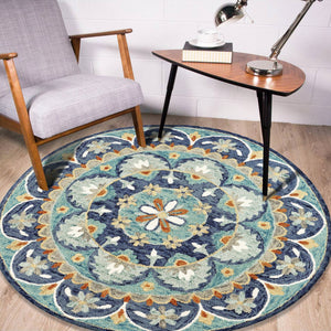 Homeroots 6' Blue And Green Round Wool Floral Hand Tufted Area Rug  Wool 393684