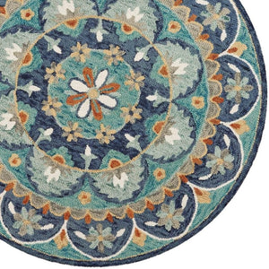 HomeRoots 6' Hand-Tufted Wool Floral Area Rug in Blue and Green – Cozy, Contemporary Design for Any Space 6' Round 393684