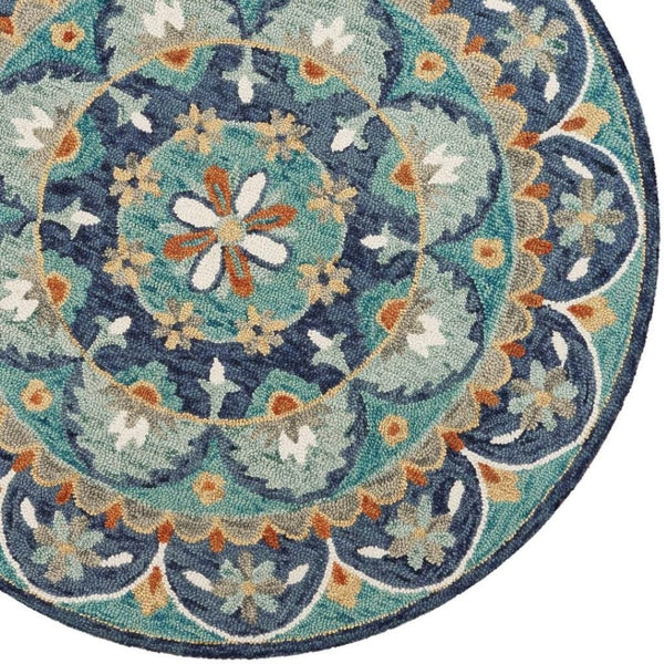 HomeRoots 6' Hand-Tufted Wool Floral Area Rug in Blue and Green – Cozy, Contemporary Design for Any Space 6' Round 393684