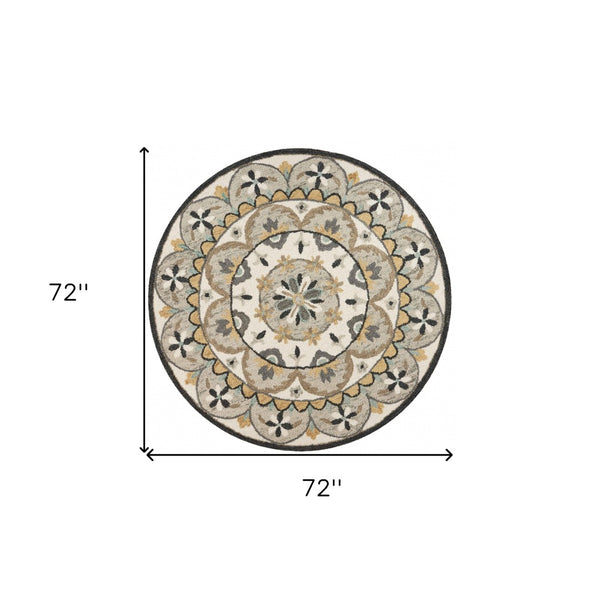 HomeRoots 6' Gray and Ivory Handmade Wool Floral Area Rug – Stylish Comfort for Any Room's Decor 6' Round 393686