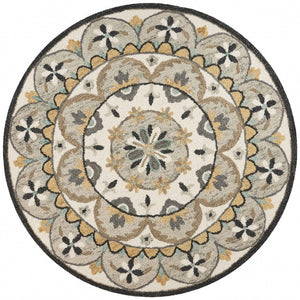 HomeRoots 6' Gray and Ivory Handmade Wool Floral Area Rug – Stylish Comfort for Any Room's Decor 6' Round 393686
