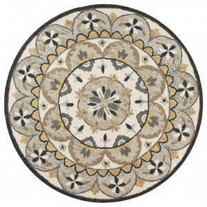 HomeRoots 6' Gray and Ivory Handmade Wool Floral Area Rug – Stylish Comfort for Any Room's Decor 6' Round 393686
