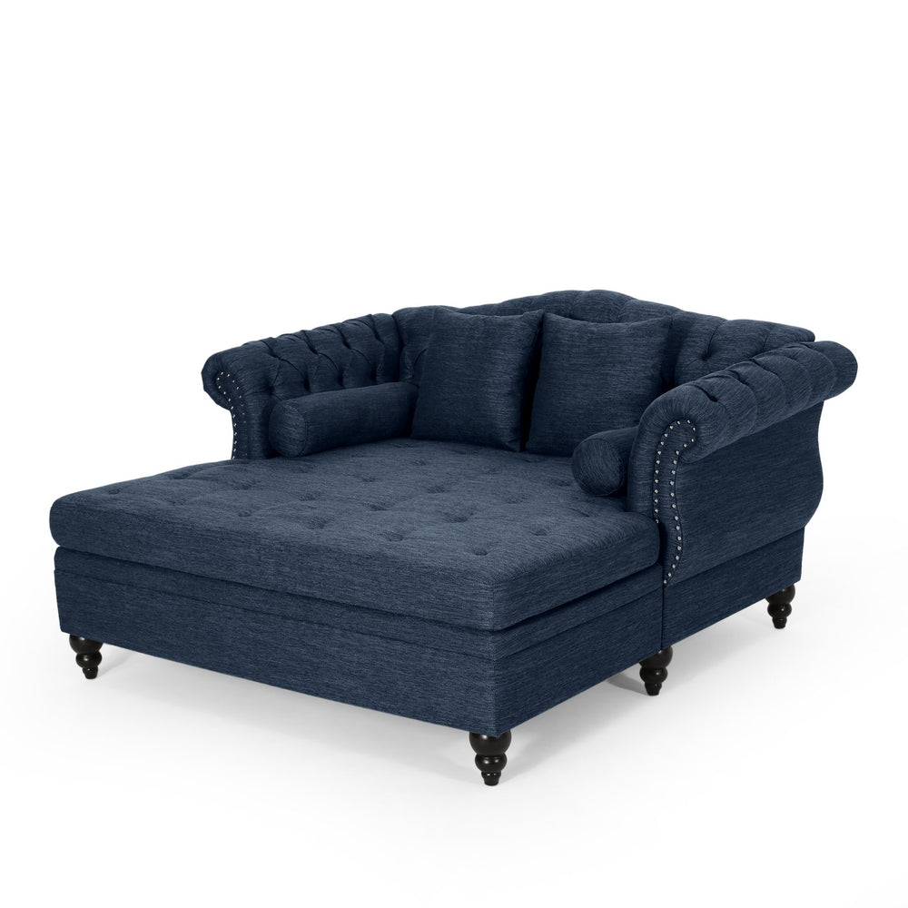 English Elm Christopher Knight Home® - LOVESEAT Double Chaise Lounge with Nailhead Trim and Button Tufting, Scroll Arms, Elegant Accent Pillows Navy Blue 54 L x 33 W x 17.5 H N776P298704N