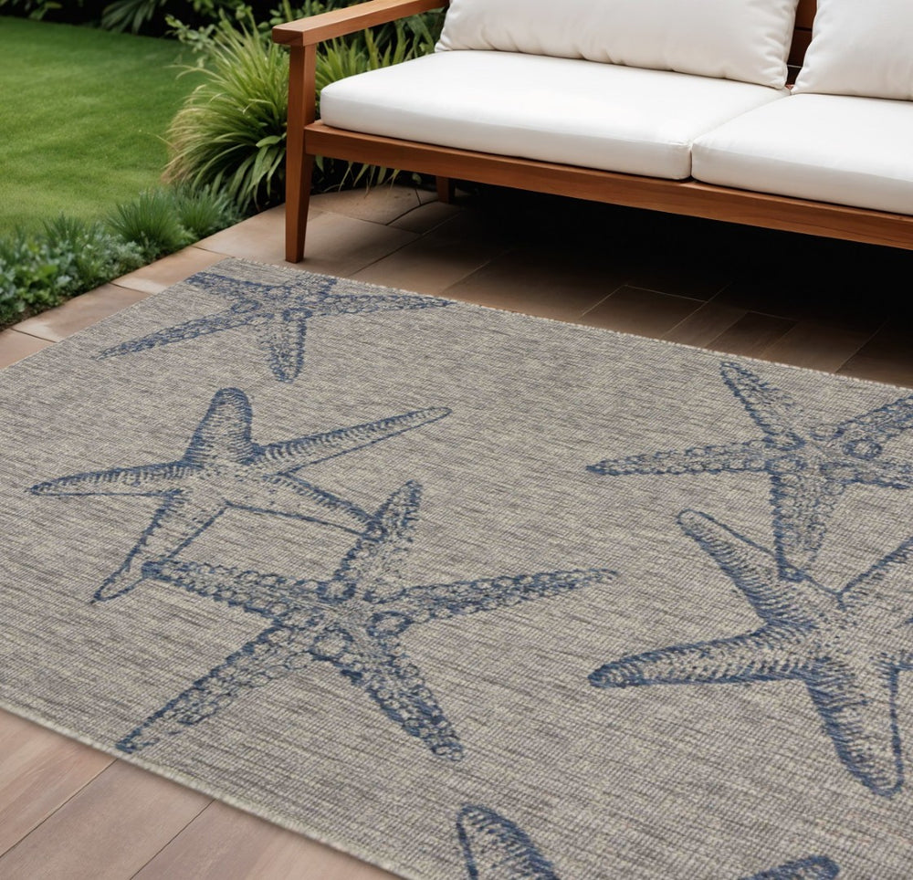HomeRoots 8' Blue and Gray Starfish Area Rug – Durable Indoor-Outdoor Coastal Charm for Any Space 8' X 9' 393740