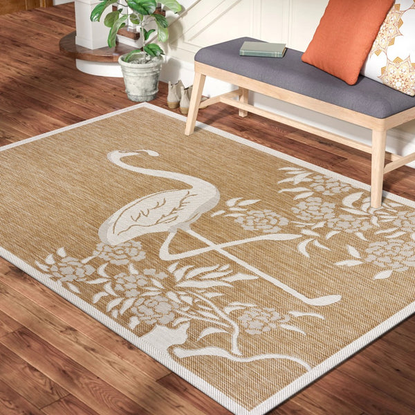 Homeroots 5' X 7' Beige Floral Indoor Outdoor Area Rug  Polypropylene 393751