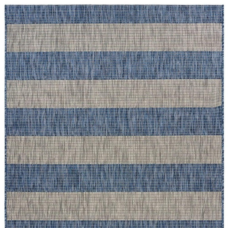 HomeRoots 8 X 10 Blue Gray Striped Polypropylene Rug for Patios Living Rooms and Entryways 393761