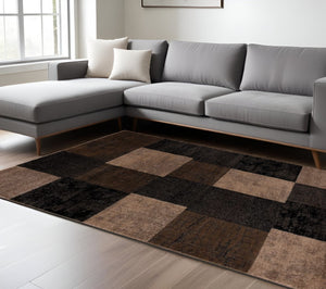 HomeRoots 10' Brown Checkered Power Loom Runner Rug - Stylish, Durable Olefin Design for High-Traffic Areas 6' X 9' 393788