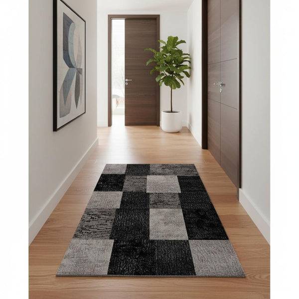 HomeRoots 10' Gray Checkered Runner Rug - Stylish Geometric Design for Hallways, Entryways & High-Traffic Areas 2' x 15' 393794