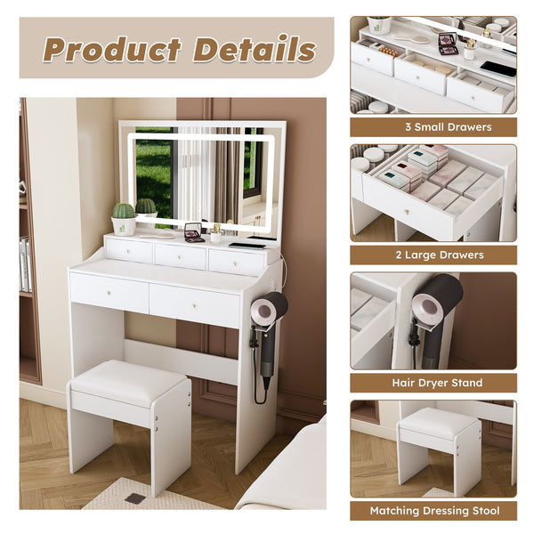 English Elm New Large Mirror Vanity Desk with 5 Drawers, Built-In Outlet & Hairdryer Holder, 3-Mode LED Lighting White W509P339034
