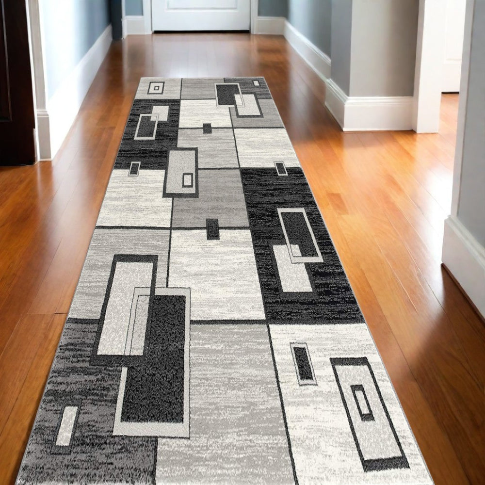 HomeRoots 10' Gray Abstract Power Loom Runner Rug – Modern Geometric Design for Stylish Entryways and Hallways 2'x 20' 393823