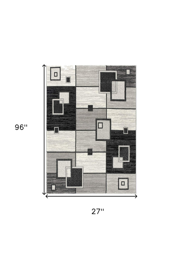 Homeroots 8' Gray And Black Geometric Power Loom Distressed Runner Rug  Olefin 393827